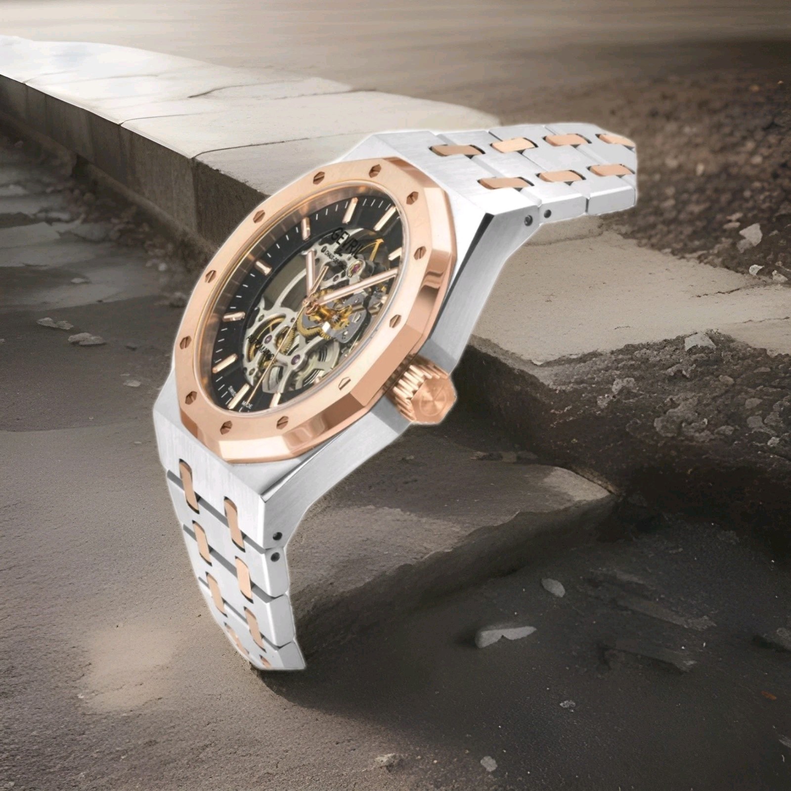 Gervil Gotham Series Skelton Watch (Rose & Silver *NIB)
