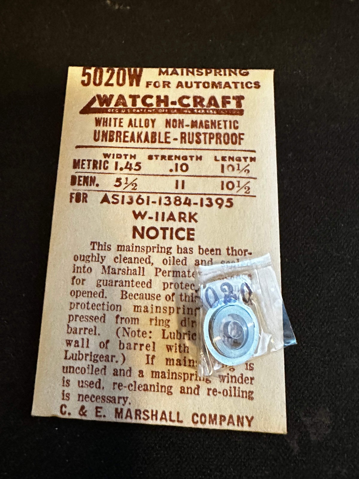 WATCH-CRAFT Mainspring 5020W for Wittnauer 11ARK, AS 1361, 1384, 1395 Automatic