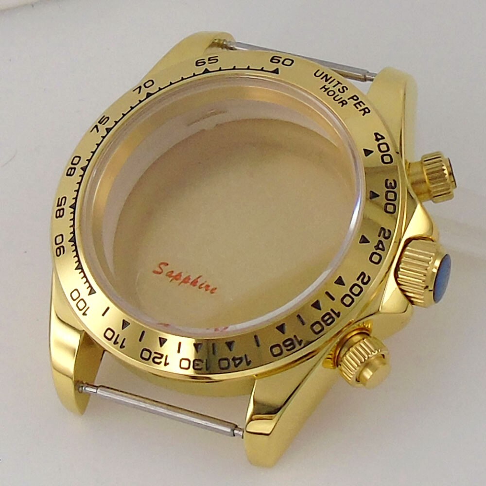 39mm Yellow Gold Watch Part Case Sapphire Glass Fit VK63 VK64 Quartz Solid Back