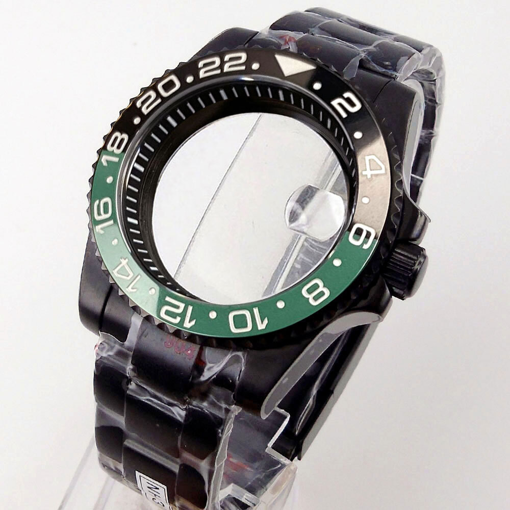 40mm Black PVD Sapphire Glass Watch Case Fit NH35A NH36A ETA2824 PT5000 Rubber