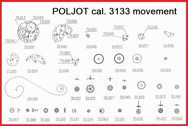 Poljot Chronograph 3133, Valjoux 7734, Uhrwerk Ersatzteile, movement spare parts