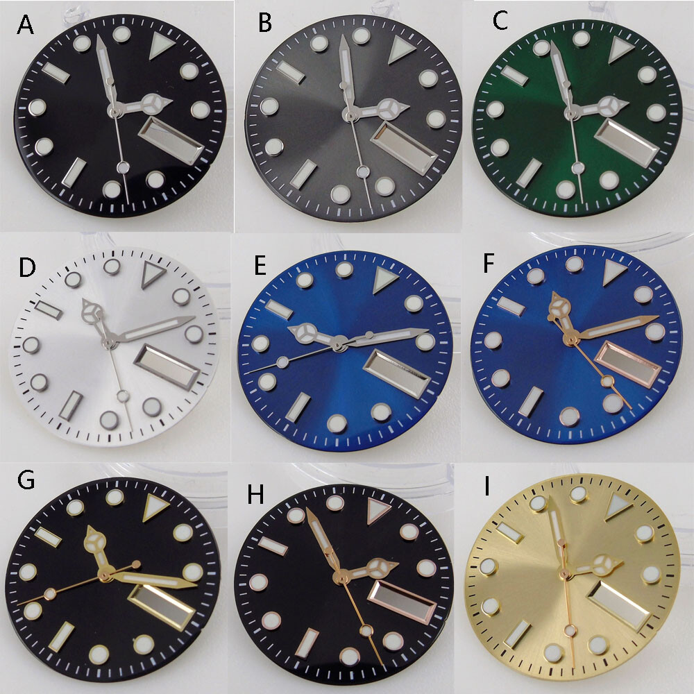 29mm Watch Dial Face For NH36A Movement Green Luminous Hands Date Week Window