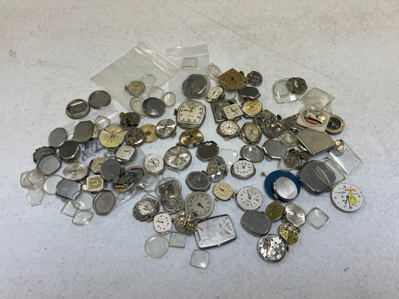Vintage Watch Repair Parts Lot Movements Cases Dials Crystals Bulova Elgin Craft