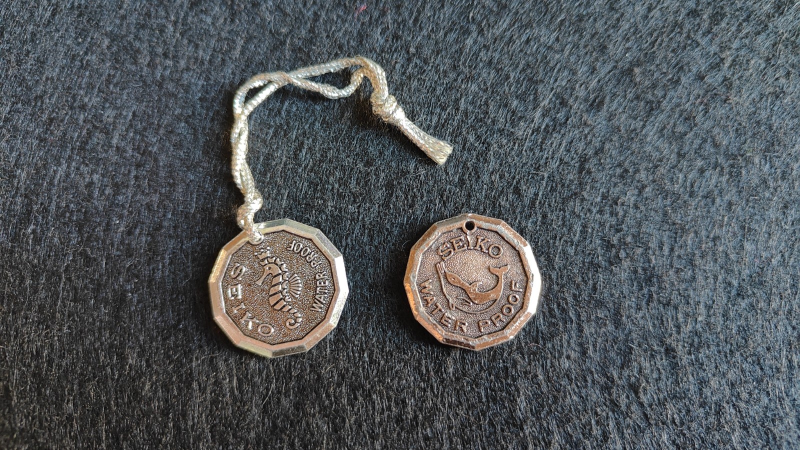 Pair of Vintage Seiko Hang Tags Original 1960s – Seahorse & Dolphin -Water Proof