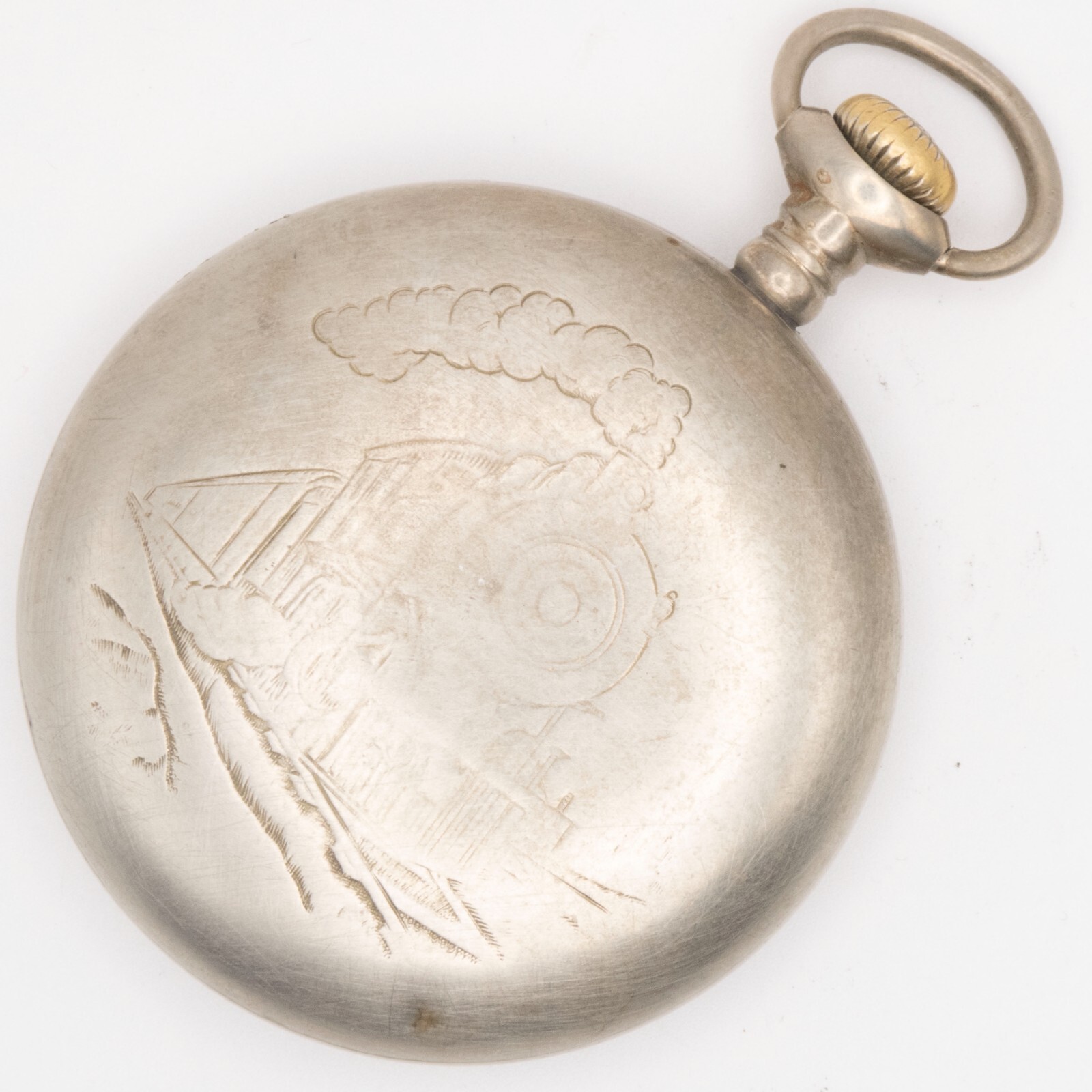 Wadsworth 18-Size Open-Face Nickel Antique Pocket Watch Case with Train Motif