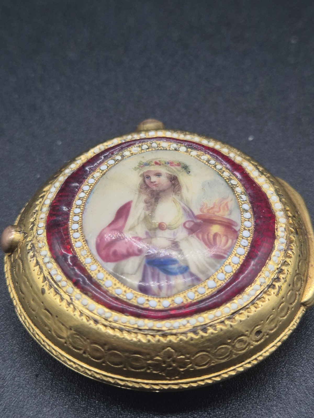Antique Pocket Watch Case 18th Century Hand-Painted Enamel Virgin Vestal