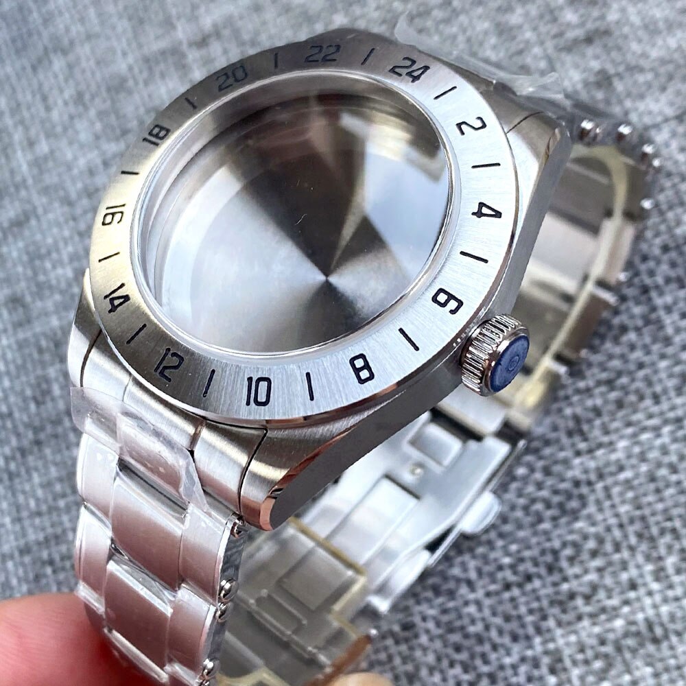 Steel 39mm Silver Watch Case Domed Sapphire Glass 24H Fixed Bezel Fit NH35 NH34