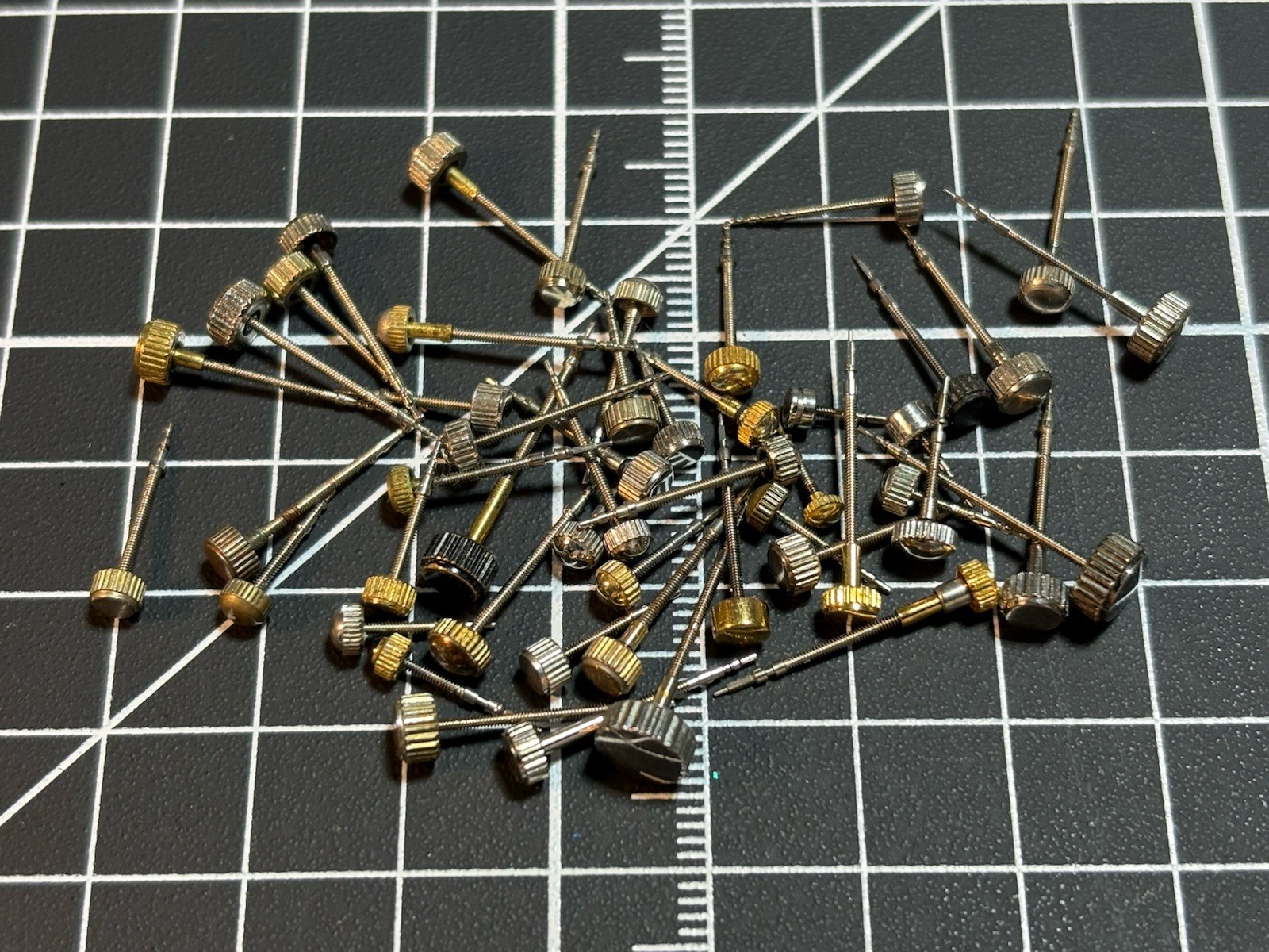 Watchmakers Repair Parts Lot Of (50) Watch Crowns,Stems,Gold/Silver/Black Tone