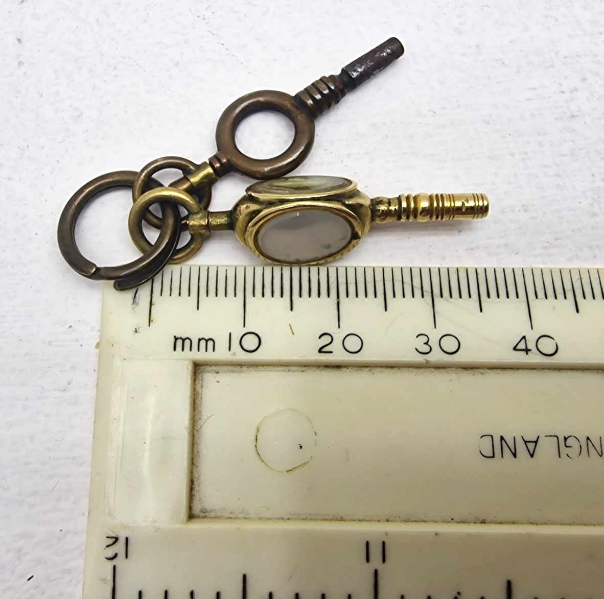 Antique Brass Pocket Watch Winding Keys Multi Stone Swivel Fob Victorian Era