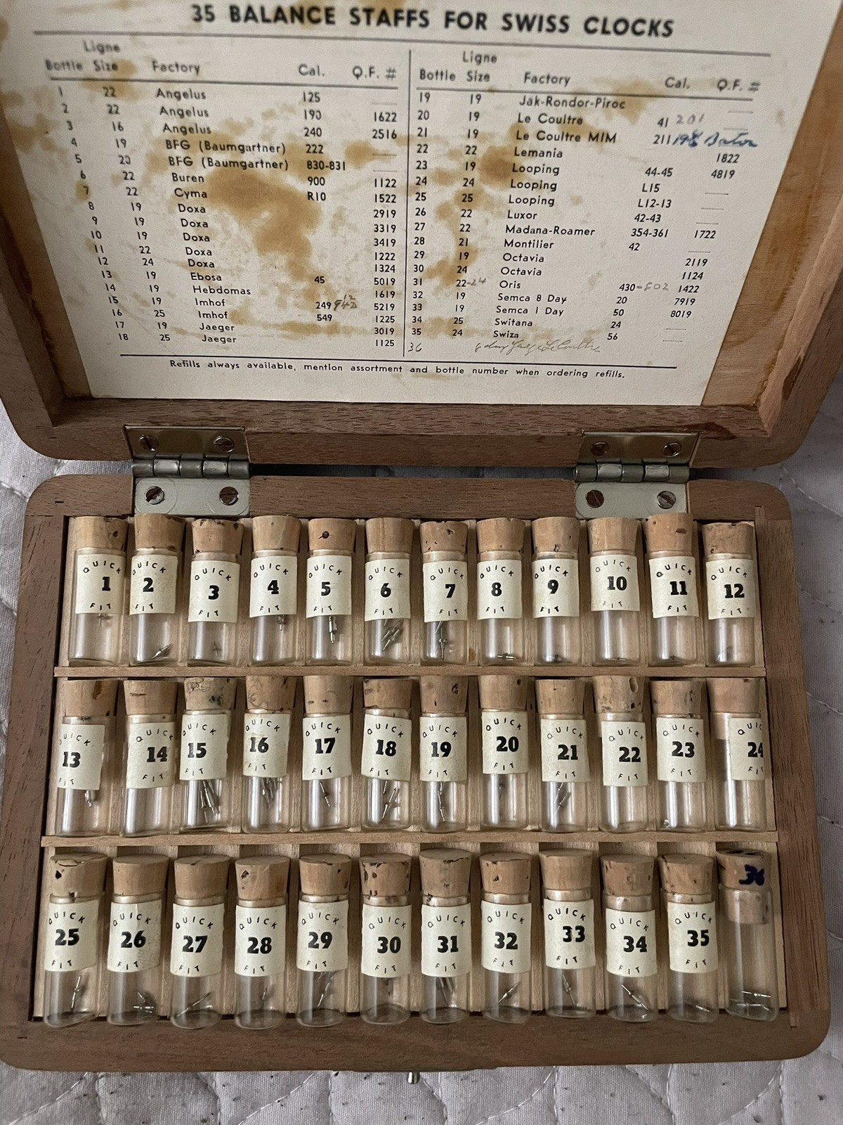 Quickfit Assortment No. 105 Balance Staffs for Incabloc Movements in Wood Box