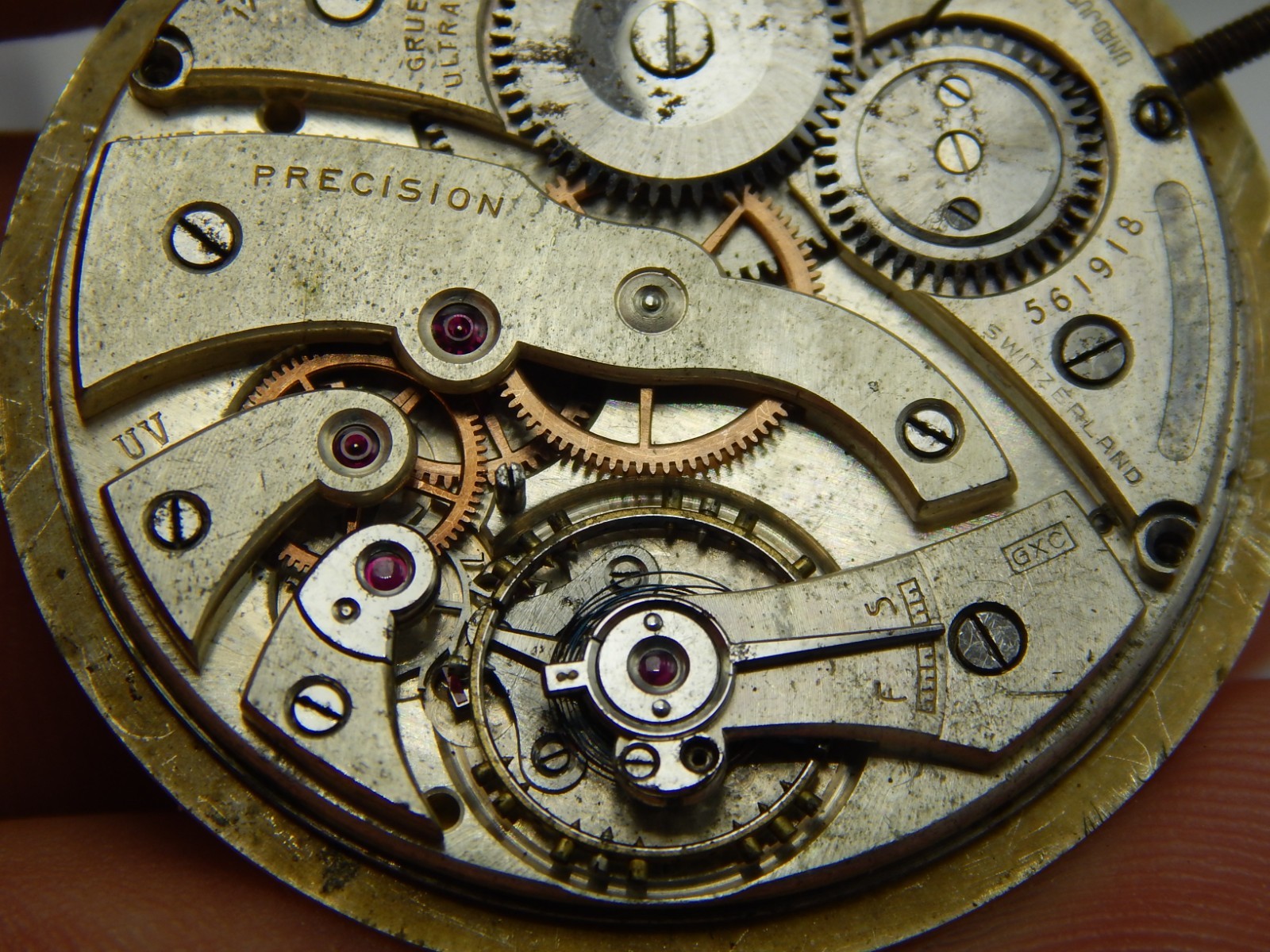 Antique Pocket watch movement Gruen Precision Ultra-verithin UV 17 jewel 36.3mm