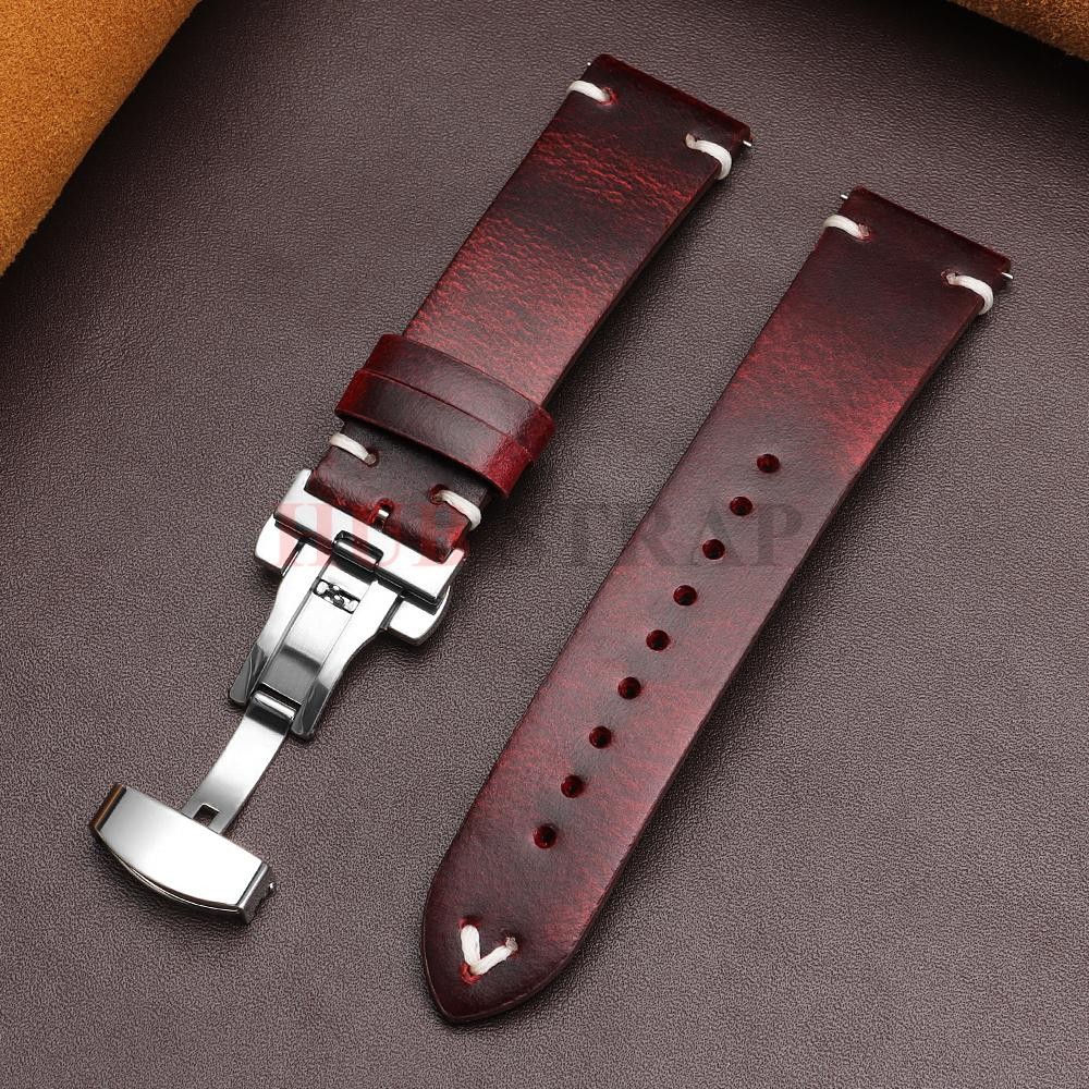 Genuine Leather Butterfly Buckle Watch Bands 18/20/22mm Waterproof Retro Oil Wax