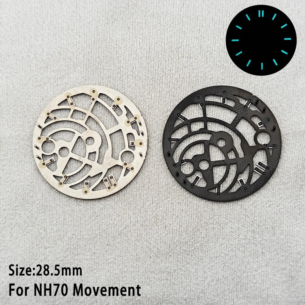28.5mm Skeleton Watch Dial Green Lume Black and Blue Fit for NH70 NH72 Mod Parts