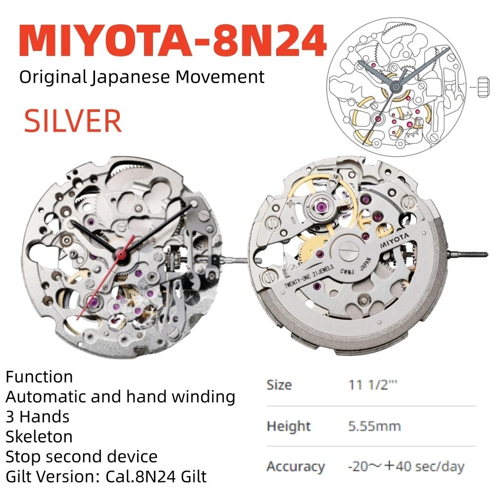 Miyota 8N24 Modified Skeleton Automatic Movement 21 Jewel Mechanical Watch Part