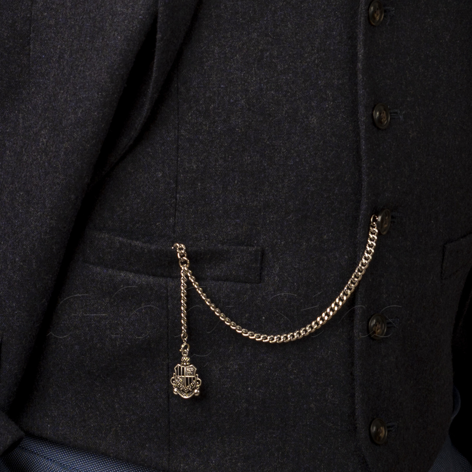 Silver Colour Single Albert Pocket Watch Chain With Shield Pendant 043-S