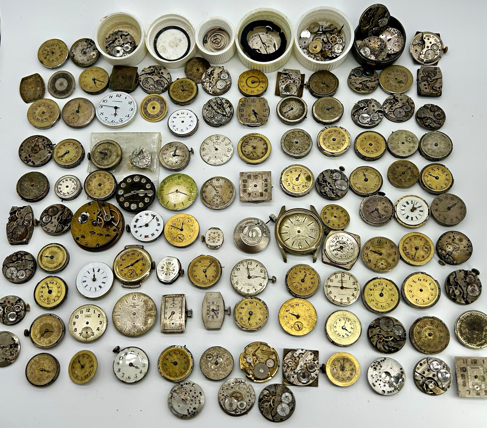 Vintage Watch Parts Repair Lot Movements Dials Elgin Waltham Bulova etc 100+ pcs