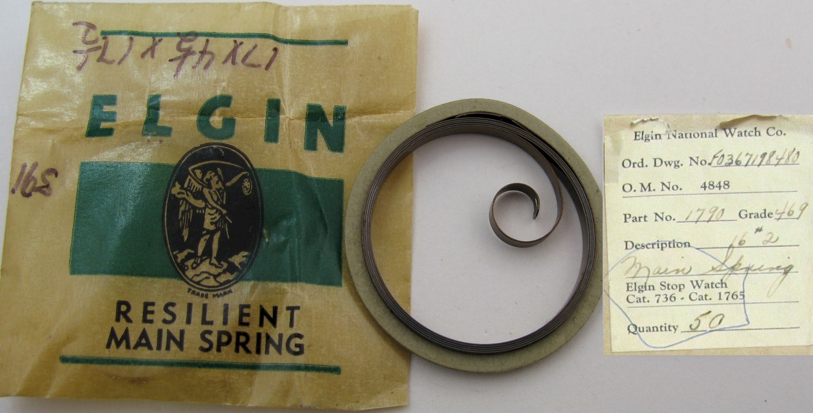 Nos Elgin 16s model 736 1765 grade 469 stop watch Mainspring 1 piece * T end *