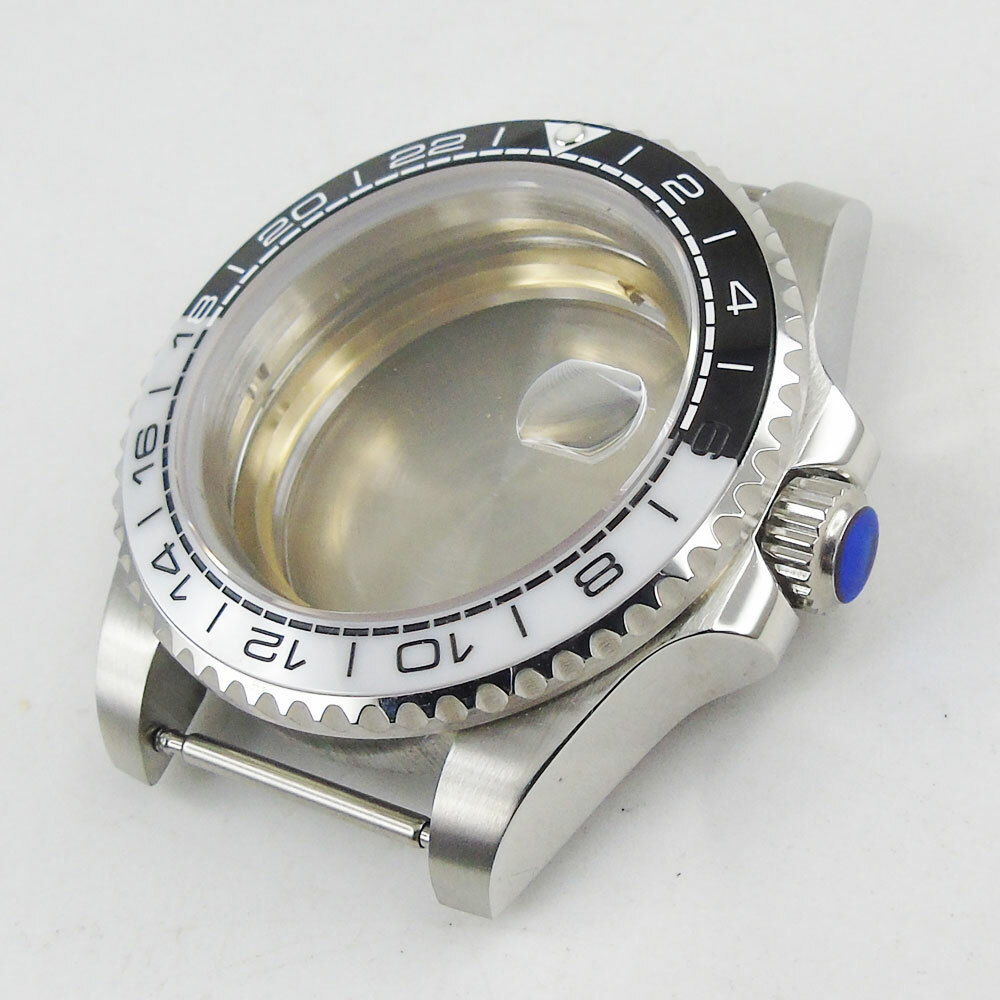 Fit NH35A 40mm Silver Watch Case Sapphire Glass Black White Insert Metal Back