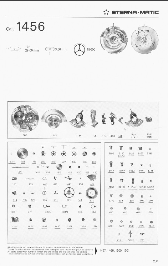 ETERNA 1456/1500 Watch Parts Pick from list Used
