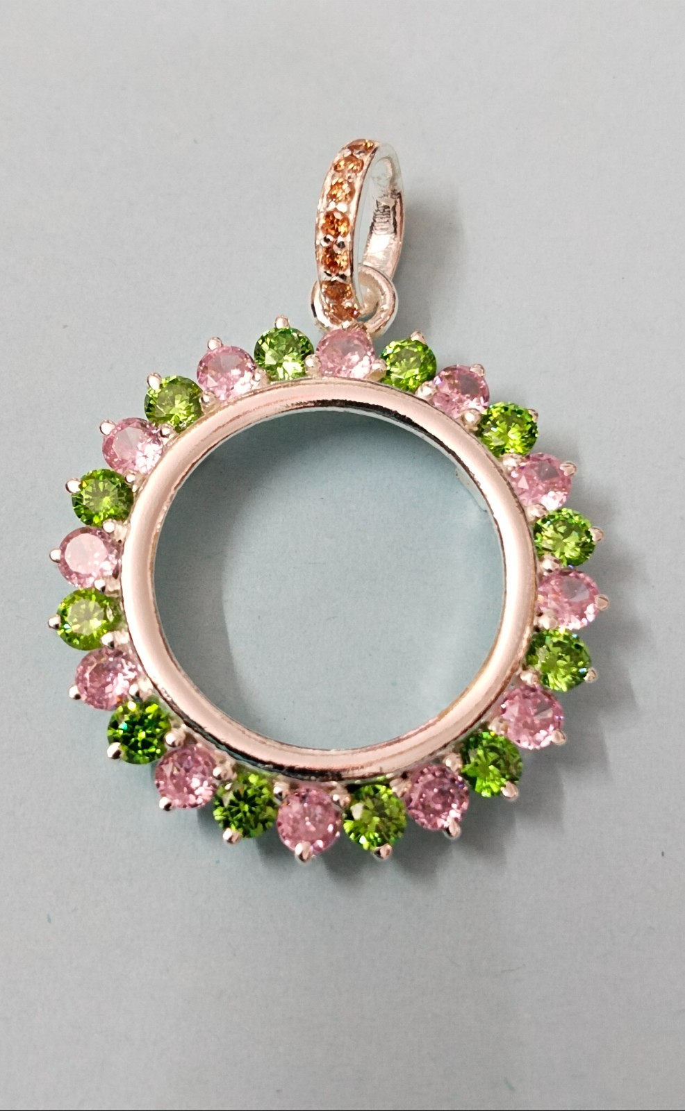 925 Sterling Silver Round Bezel Pendant Blank Green & Pink CZ Handmade Coin