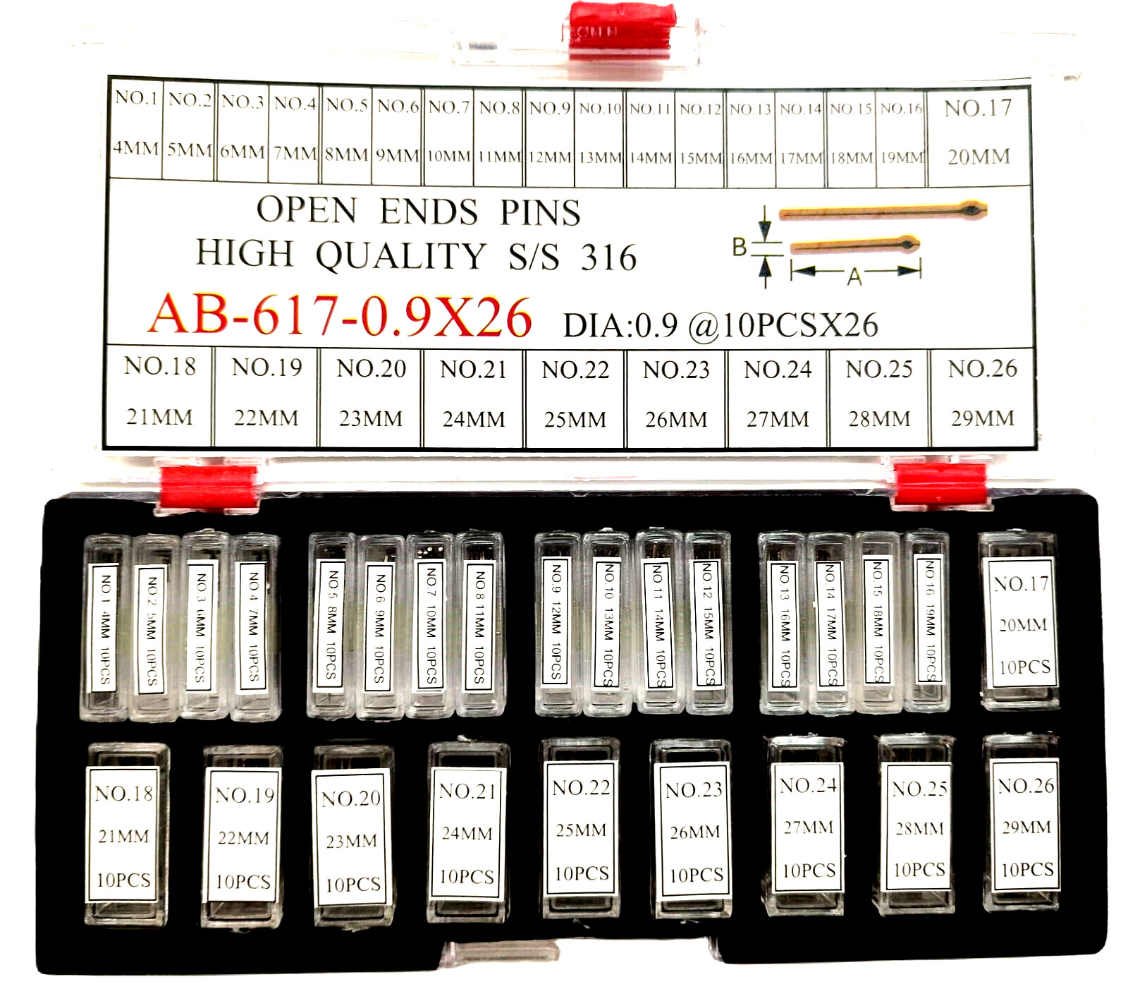 Assortment of Open End Pins For Watch Bracelet, Diameter 0.9mm,AB-617-0.9×2