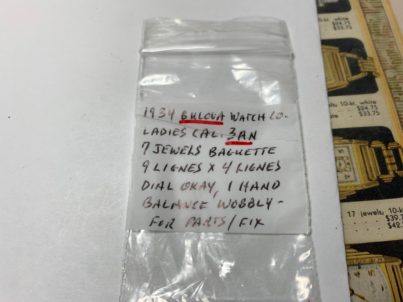 1934 Bulova Ladies Swiss Caliber 3AN 7J Baguette Shape Movement Dial Hand- Parts
