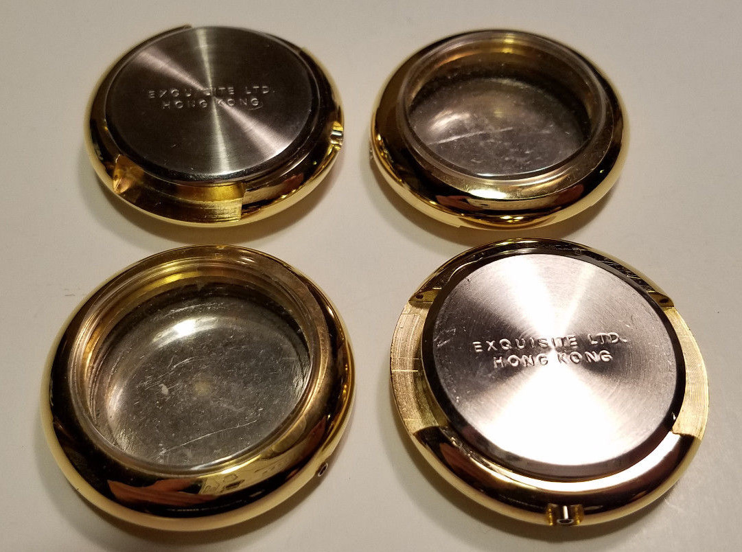 LOT (4) WATCH CASE GOLD TONE w Back & Crystal – Stamp Coin Picture + Storage Box