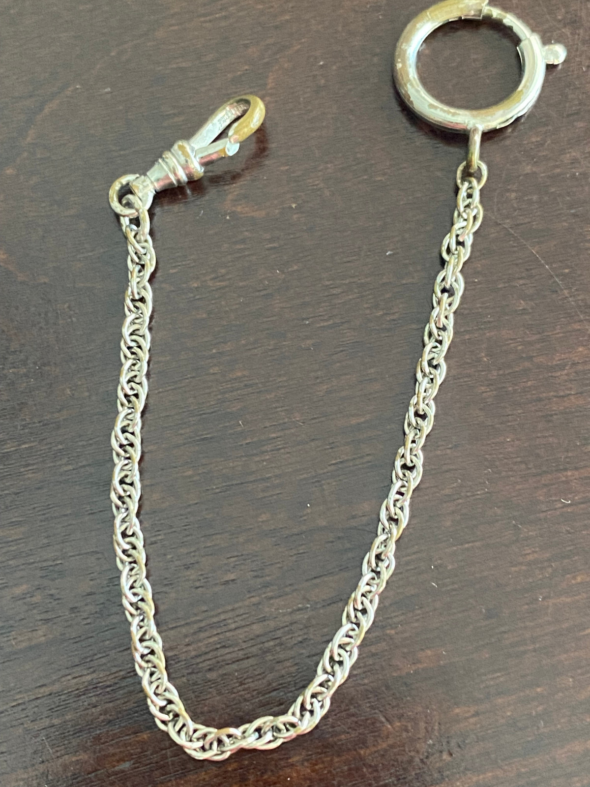 VINTAGE 8 INCH POCKET WATCH CHAIN ,ROPE CHAIN, CLASPS HAVE A LOT OF WEAR