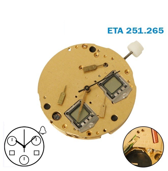 ETA 251.265 Swiss Movement, Analog, Digital, Chronograph, Alarm, 23 Jewels.