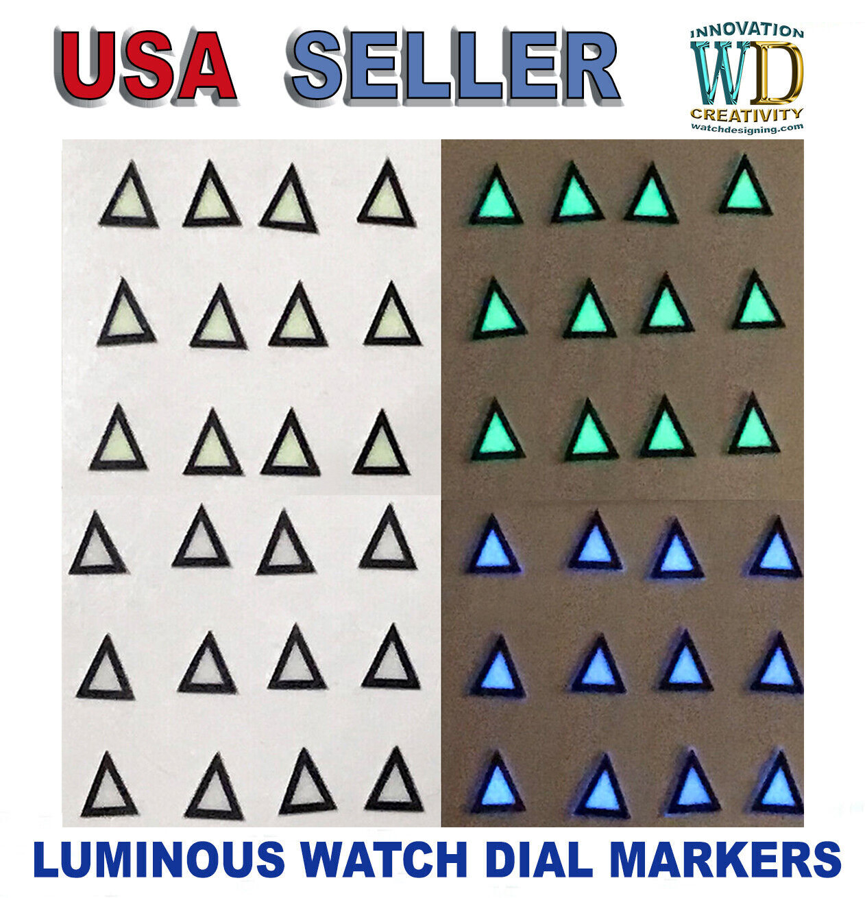 Watch Dial Hour Markers 12 pieces Blue Green LUMINOUS Numerals Triangles Parts