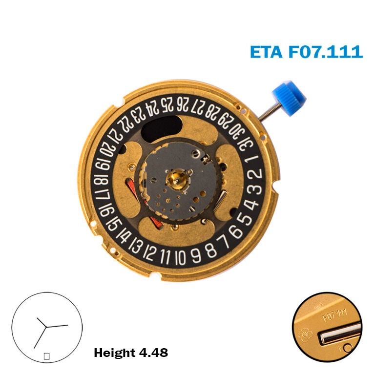 ETA f07.111 Swiss Watch Movement, Black Date Disk on 6, 3 Hands, 3 Jewels.