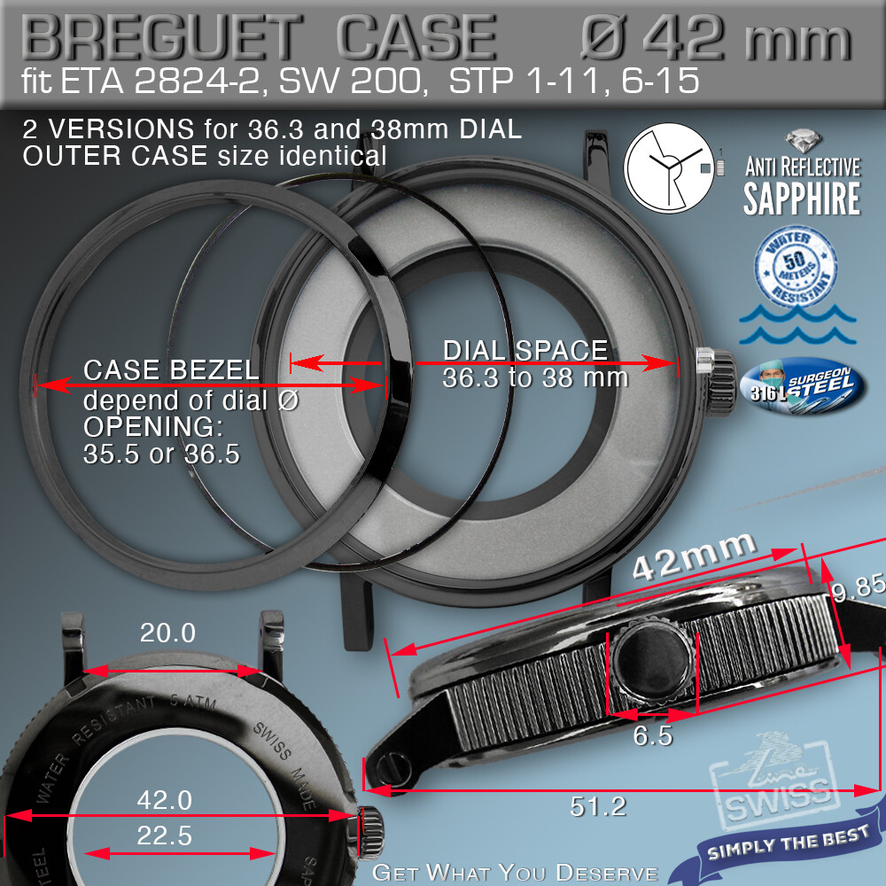 WATCH CASE BREGUET, 42 mm, BLACK-PVD, SAPPHIRE CR, MOVEM. ETA2824, SW, STP, SOP