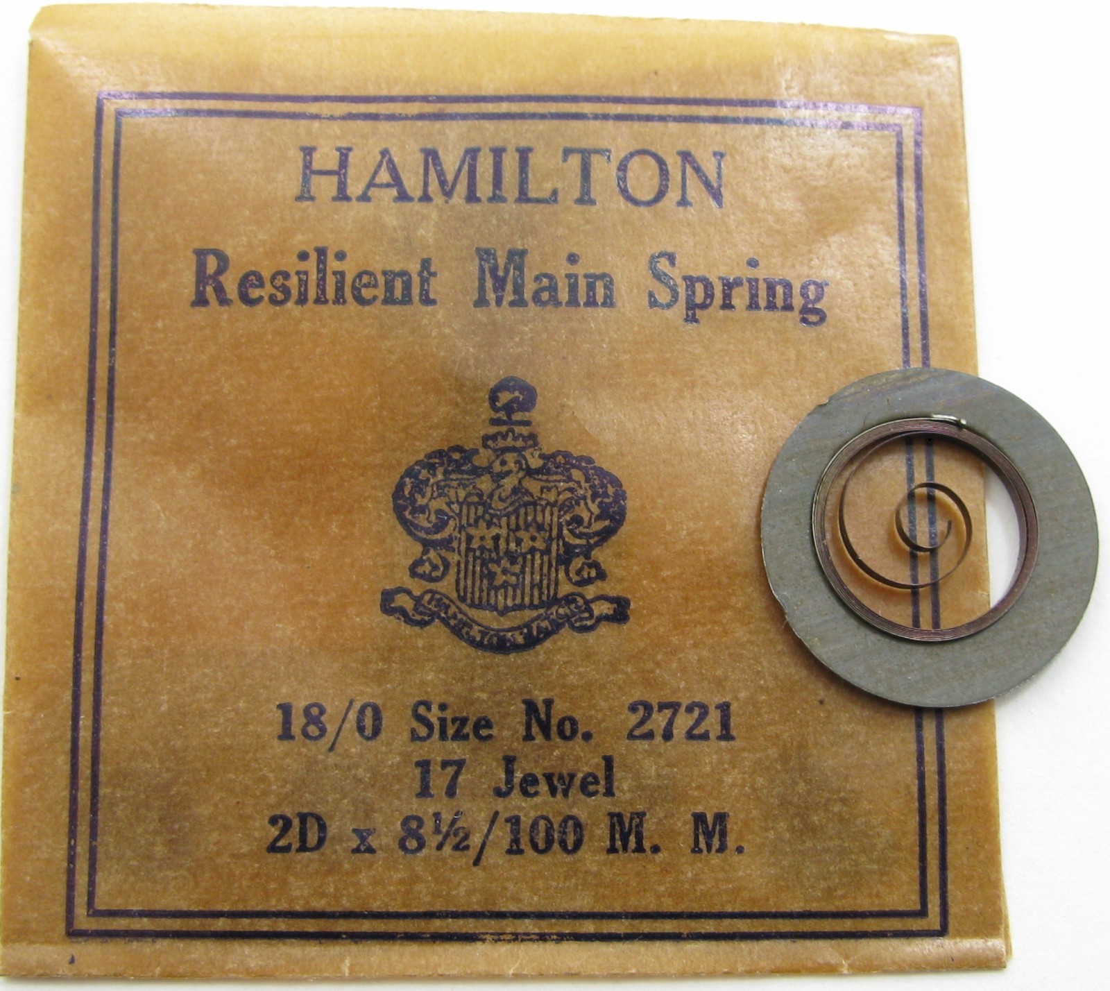 Hamilton 18/0s 2721 17 j. Watch part: T end Mainspring x1 brown alloy