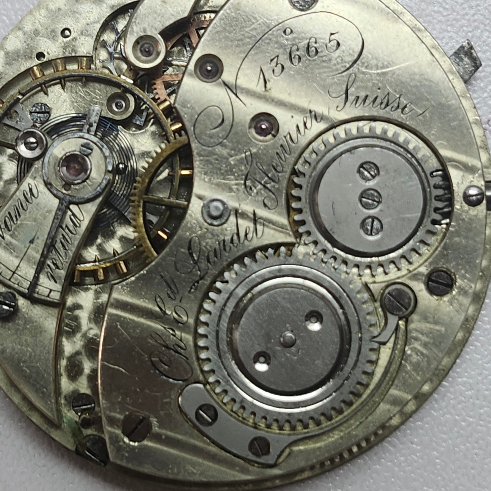 Antique Ch. Ed. Lardet Fleurier Swiss Pocket Watch Movement & Silver Floral Dial