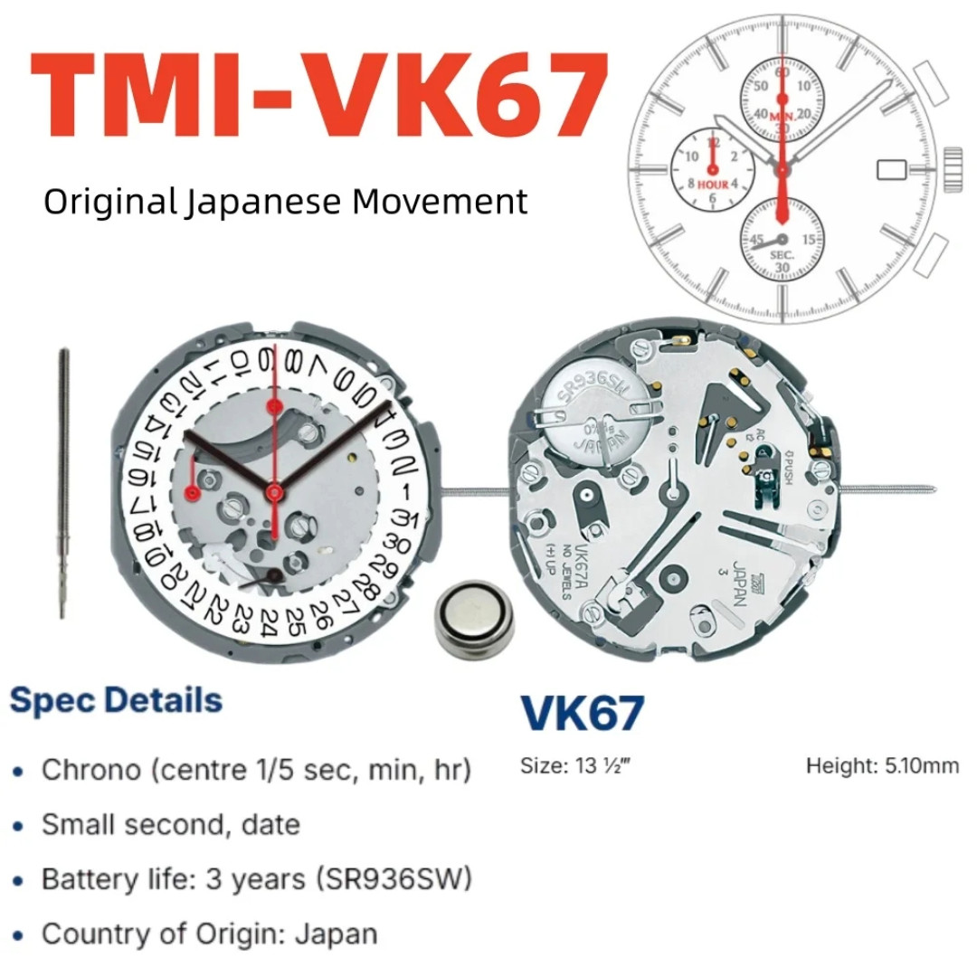Genuine TMI VK67A Quartz Movement Original SII VK67 Meca Chronograph Watch Parts