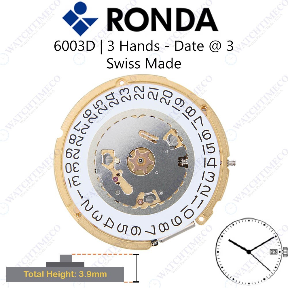 Genuine Ronda 6003D Watch Movement Swiss Made 3 Hands, Date at 3