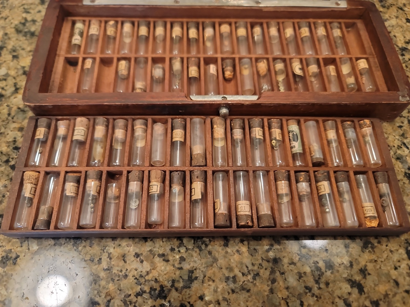ANTIQUE SWARTCHILD & CO. WATCHMAKERS REPAIR WATCH SCREWS SET W 136 VIALS & BOX