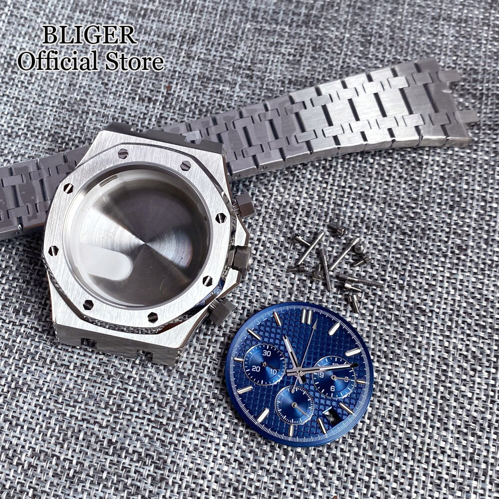 42mm Brushed Watch Case Bracelet 32.1mm Black Blue Dial Fit VK63 Quartz Sapphire