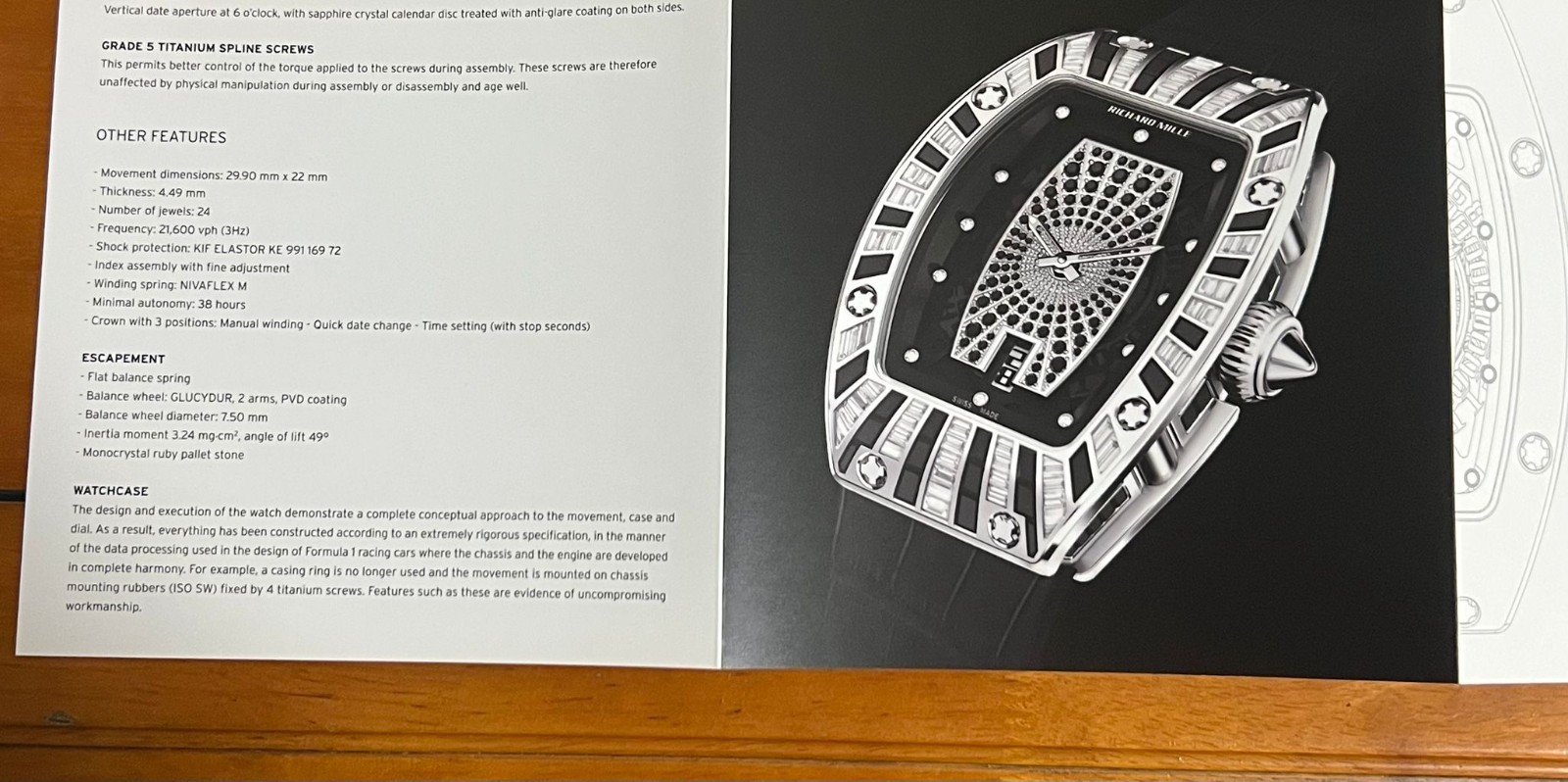 RARE Richard Mille RM007 Boutique Exclusive Technical Specification Leaflet