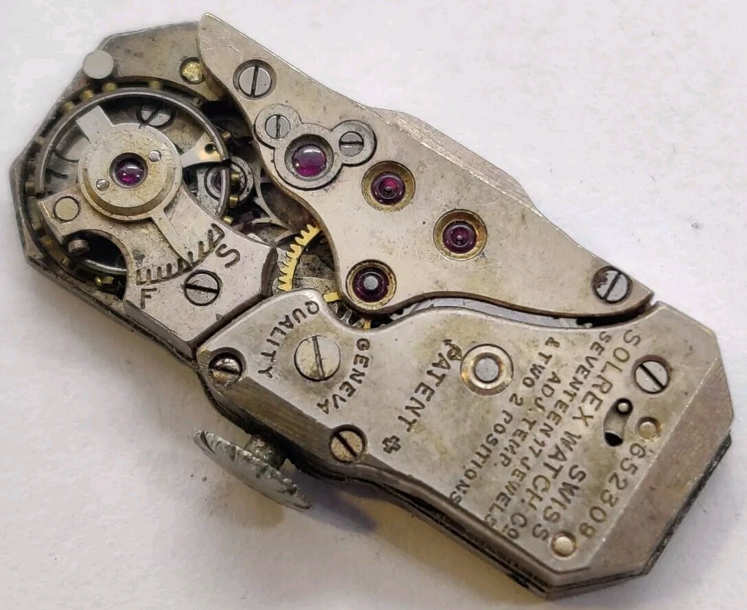Vintage Solrex High Grade 17 jewel Baguette watch movement runs For Repair