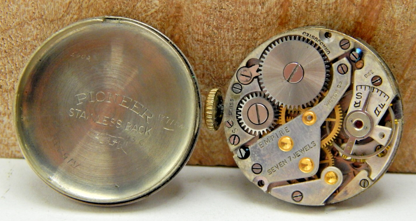 Vintage Empire 7 jewel ladies wrist watch movement with dial hands and case back