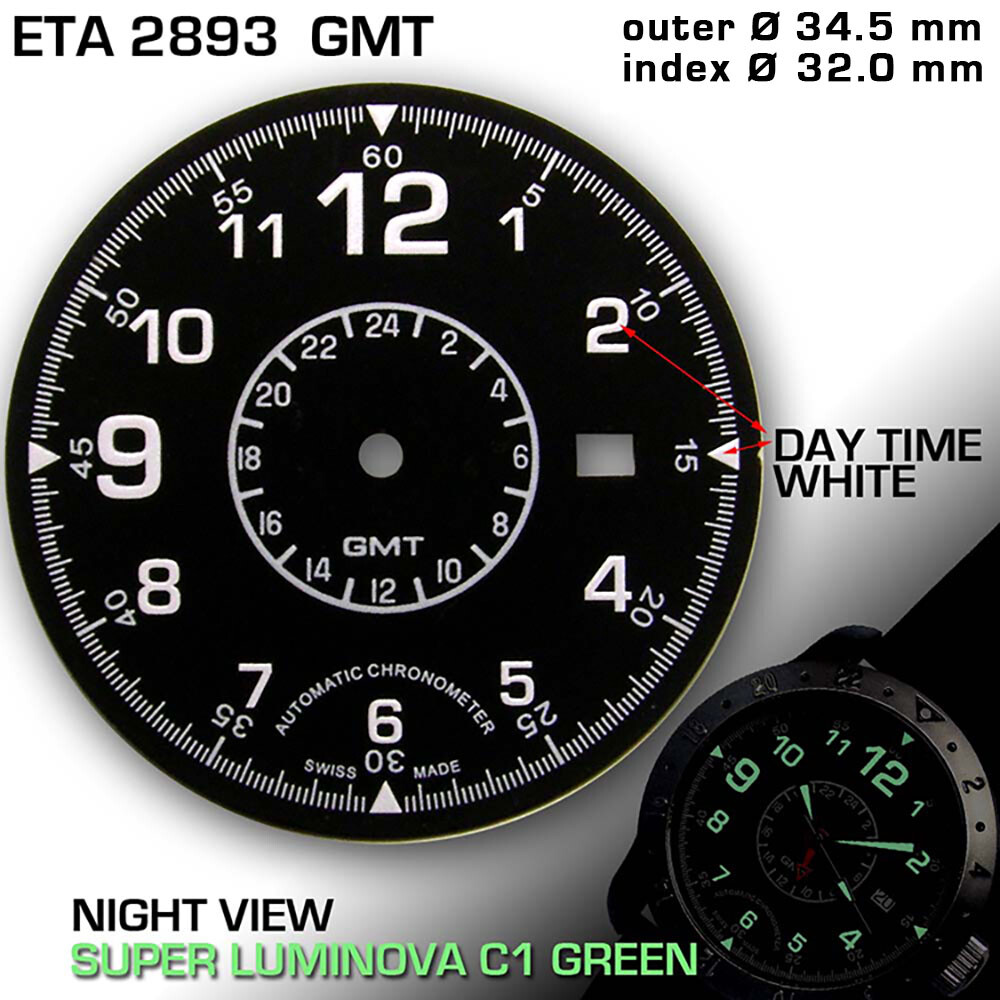 DIAL FOR MOVEMENT ETA 2893-2 GMT, Ø 34.5 MM BLACK