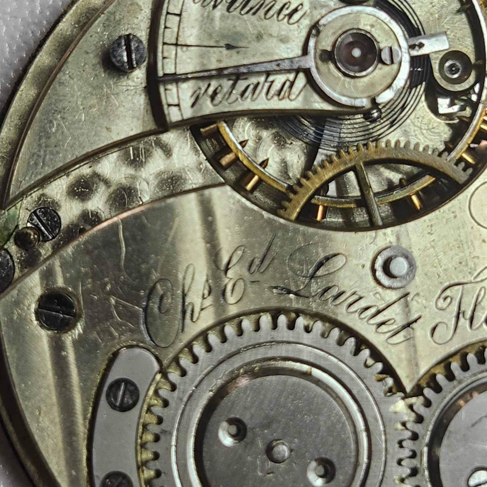 Antique Ch. Ed. Lardet Fleurier Swiss Pocket Watch Movement & Silver Floral Dial
