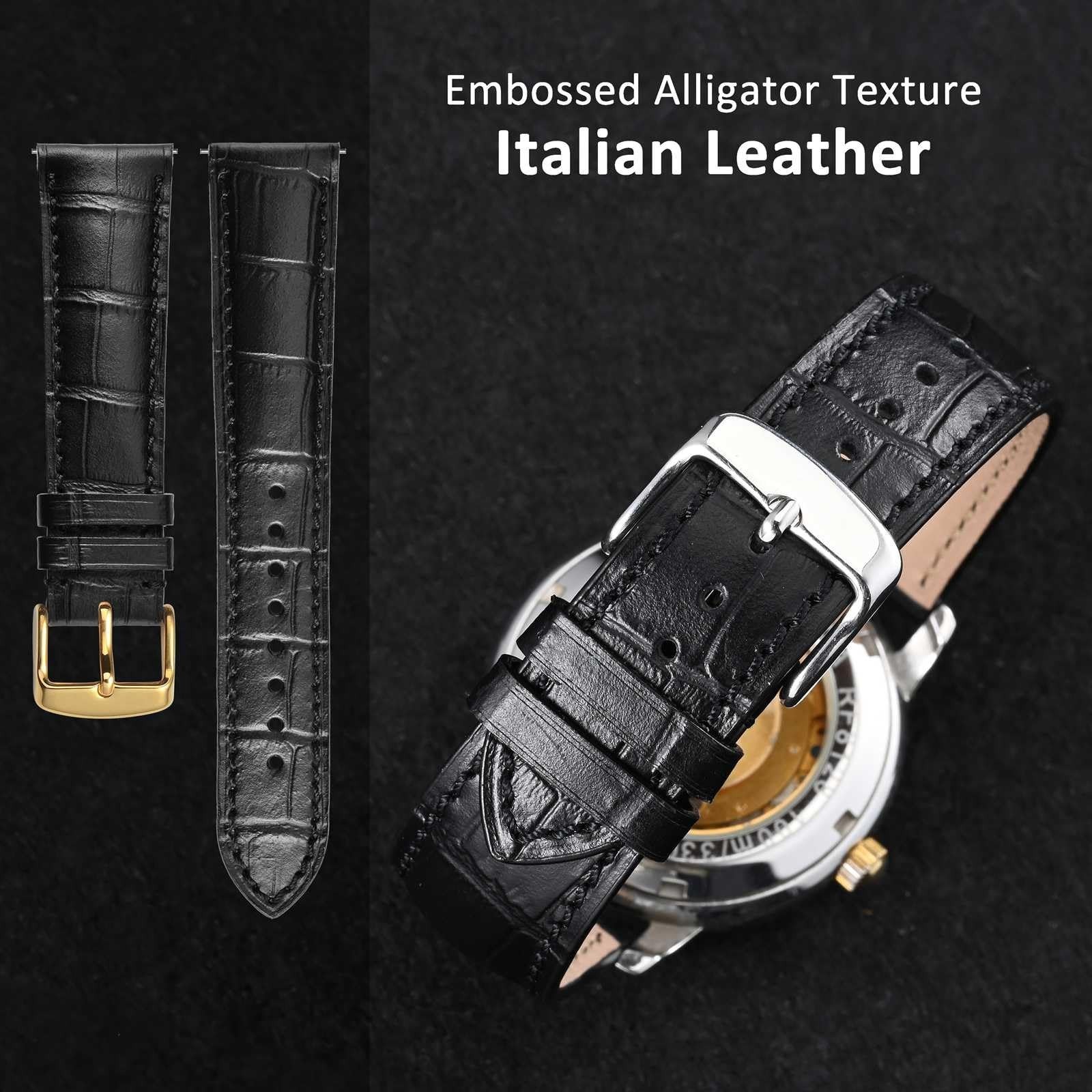 WOCCI 19mm Watch Band, Italian Leather, Embossed Alligator Grain, G… Fast Ship