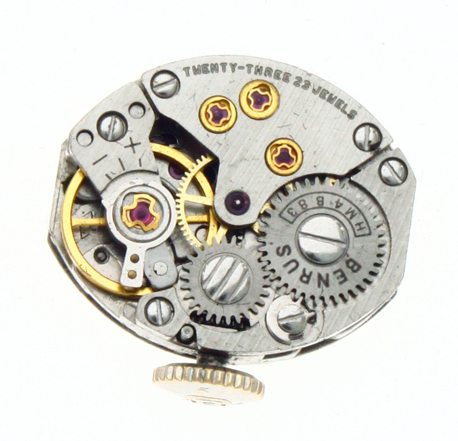 Benrus HM4B83 Used Watch Movement 5.75 x6.75”’ 23 J With Dial Hands Stem Crown