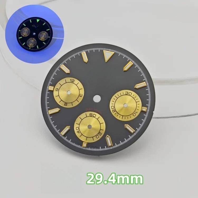 3-Eye Chronograph Dial Lume Gold Sub-Dials Fit Quartz Movement Mod