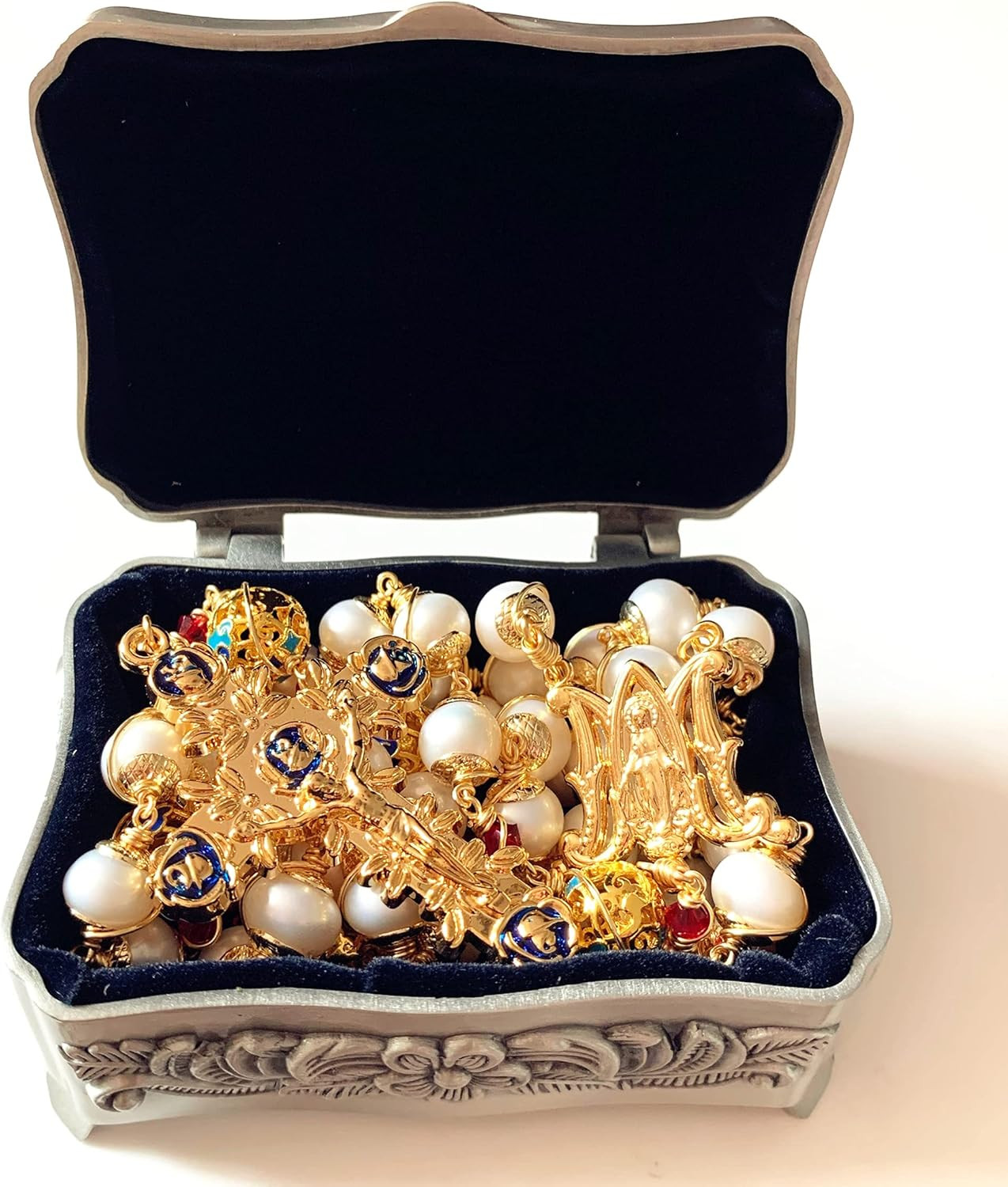 Gold Plated Wire Wrapped Pearl & Enamel Bead Rosary Cross Necklace Box