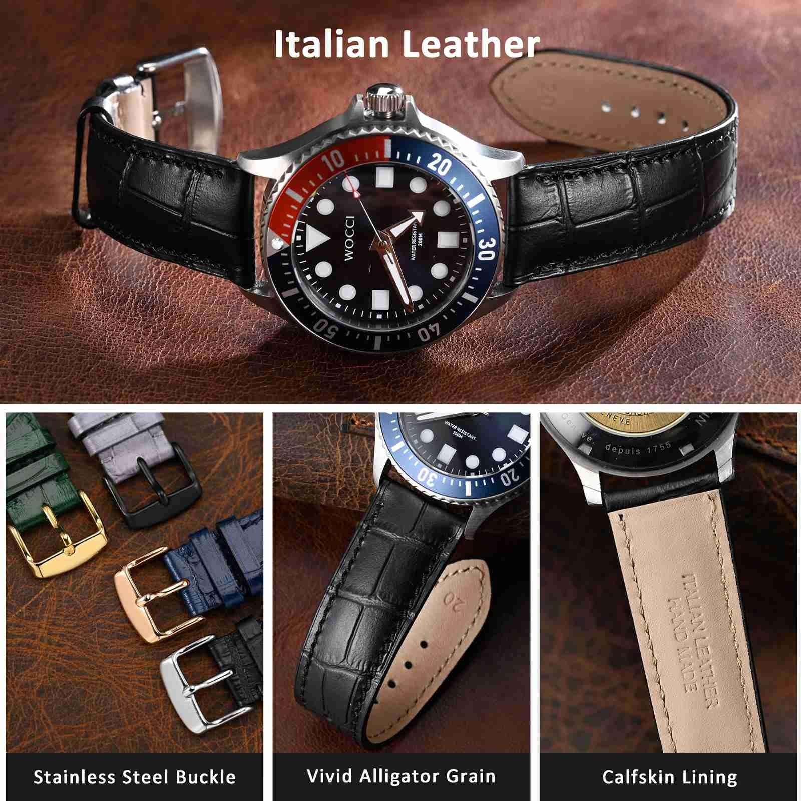 WOCCI 19mm Watch Band, Italian Leather, Embossed Alligator Grain, G… Fast Ship