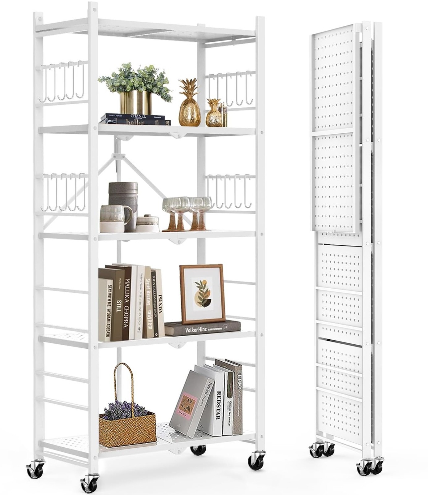 Himix Storage Shelves with 20 Hooks, 5-Tier Foldable Shelves for Storage, Col…