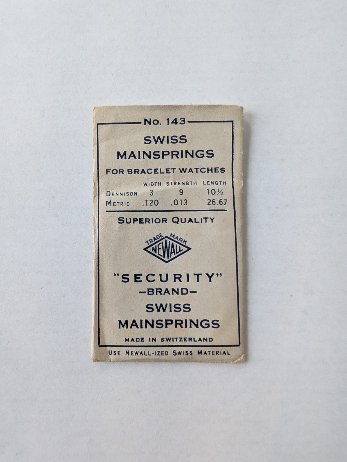 Newall Security Swiss Mainspring No. #143 for Bracelet Watches, .120 .013 26.67